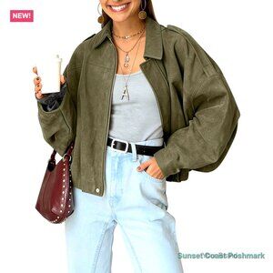 Faux Suede Bomber Jacket Oversized Cropped Lapel Pilot Casual Coat